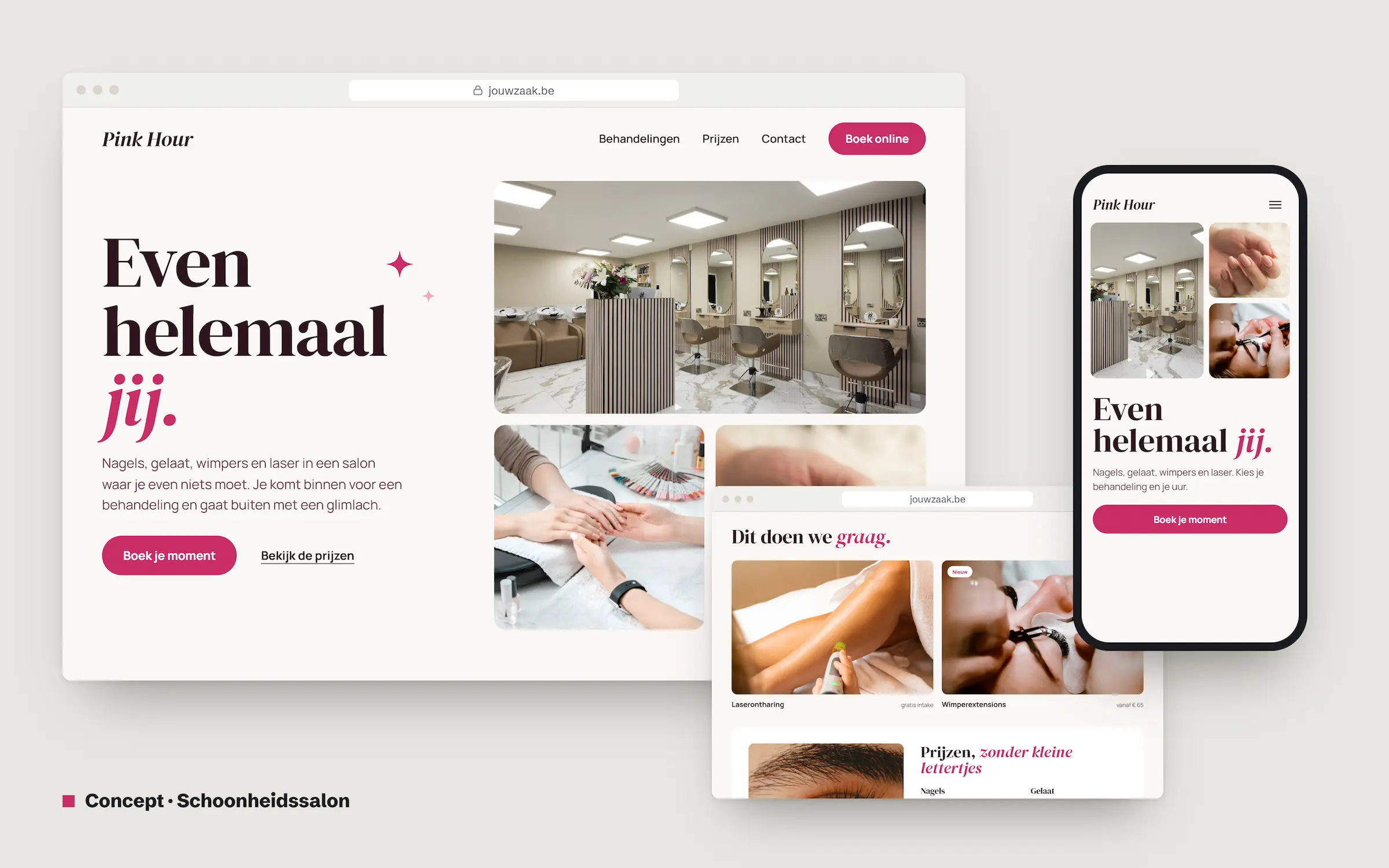 Conceptwebsite voor een schoonheidssalon op computer, tablet en gsm, licht met roze accenten, de kop 'Even helemaal jij.' en foto's van het salon en behandelingen