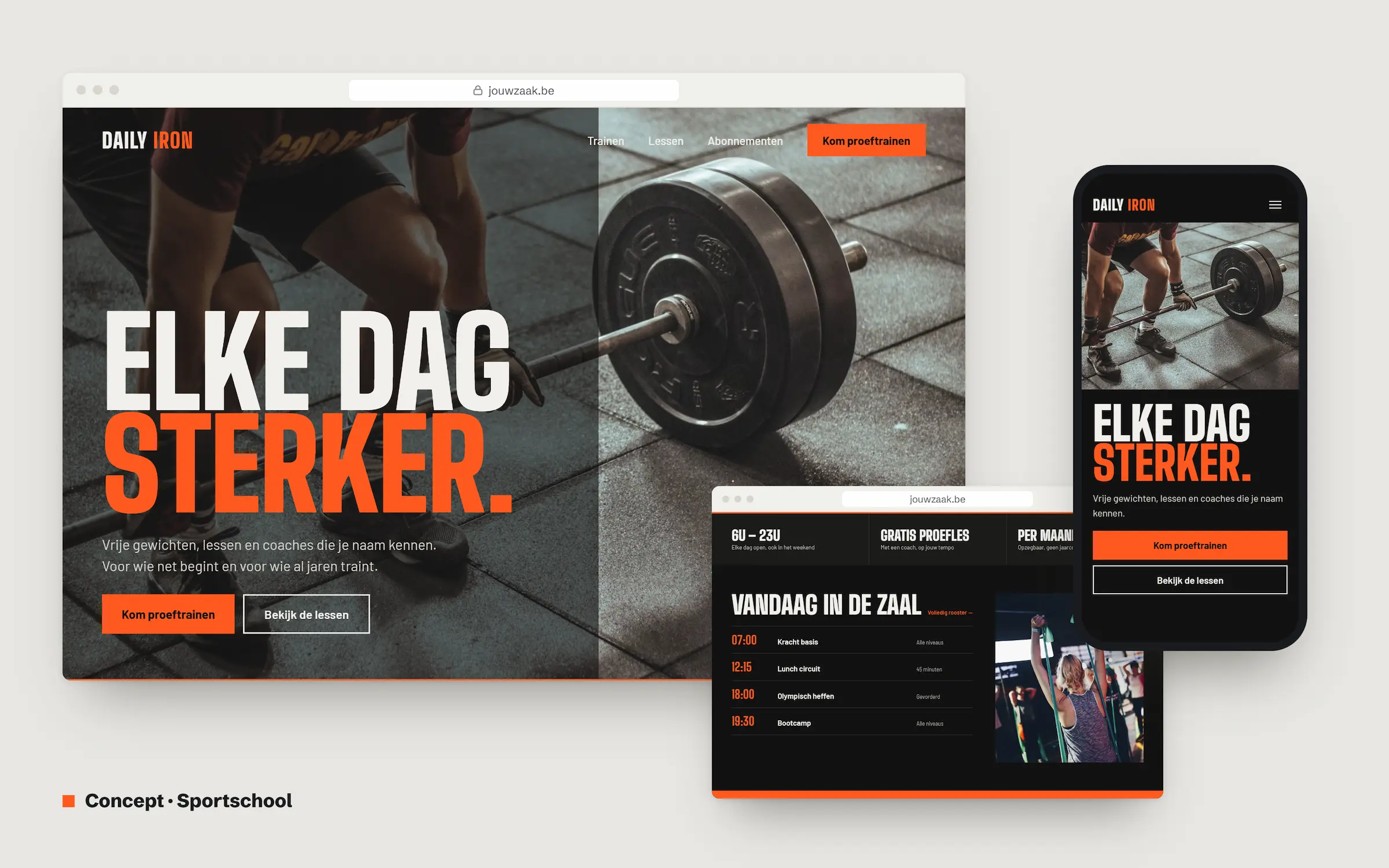 Conceptwebsite voor een sportschool op computer, tablet en gsm, donker met oranje accenten en de kop 'Elke dag sterker.' bij een foto van een halter