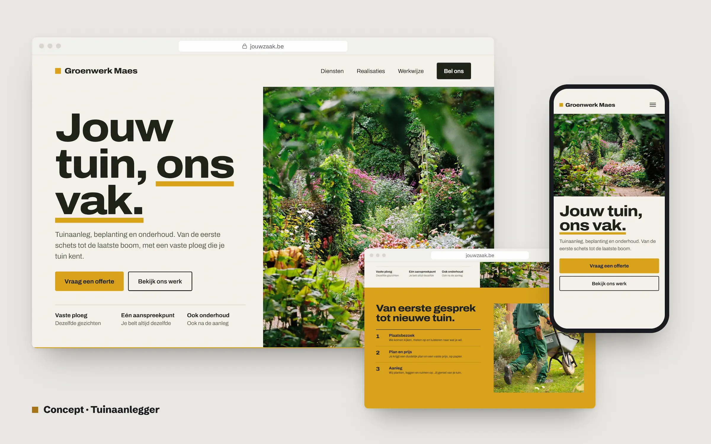 Conceptwebsite voor een tuinaanlegger op computer, tablet en gsm, met de kop 'Jouw tuin, ons vak.' naast een foto van een bloeiende tuin